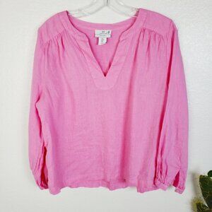 H by Halston 100% Linen Pink Peasant Blouse Top V-neck size M Boho Resortwear